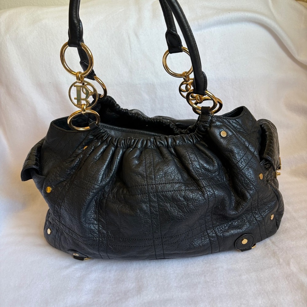 Bolzano Black Pebbled Leather Satchel Bag Gold Hardware Croc Trim Shoulder Bag - Picture 3 of 8
